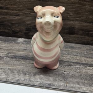 Vintage Royal Copely Piggy Bank Ceramic 6.5" H Pink Striped Shirt 1950s